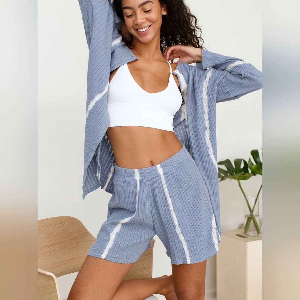 Free People Little Dream Sleep Set XS | Blue Ribbed Lounge Pajama Set